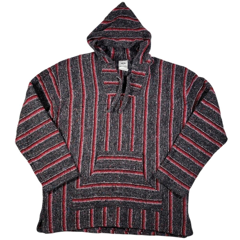 S.D.C Baja Hoodie 2XL Black Red Striped Pullover Mexican Blanket Surfer Hippie